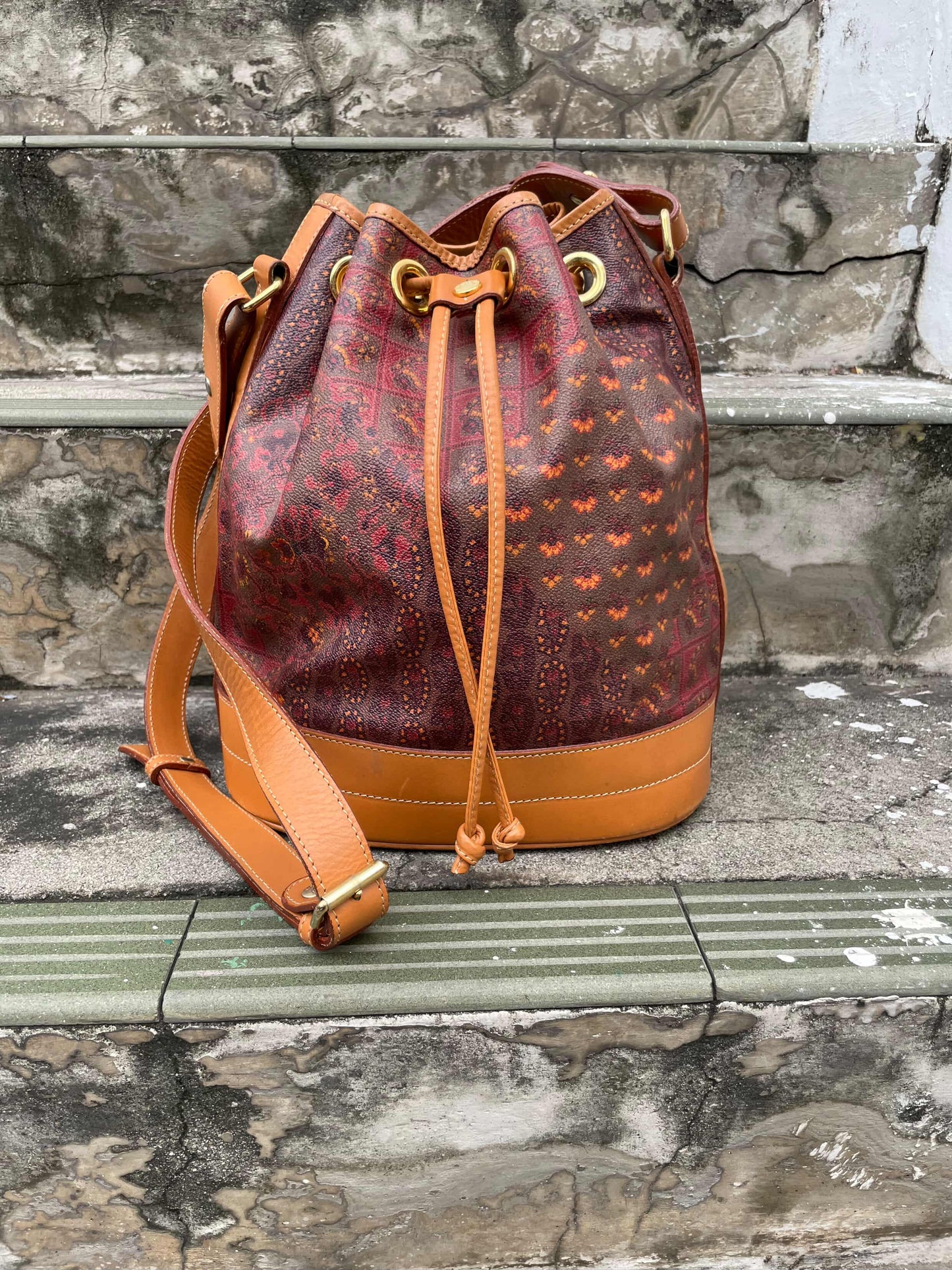 Vintage Escada Paisley Print Leather Bucket Bag