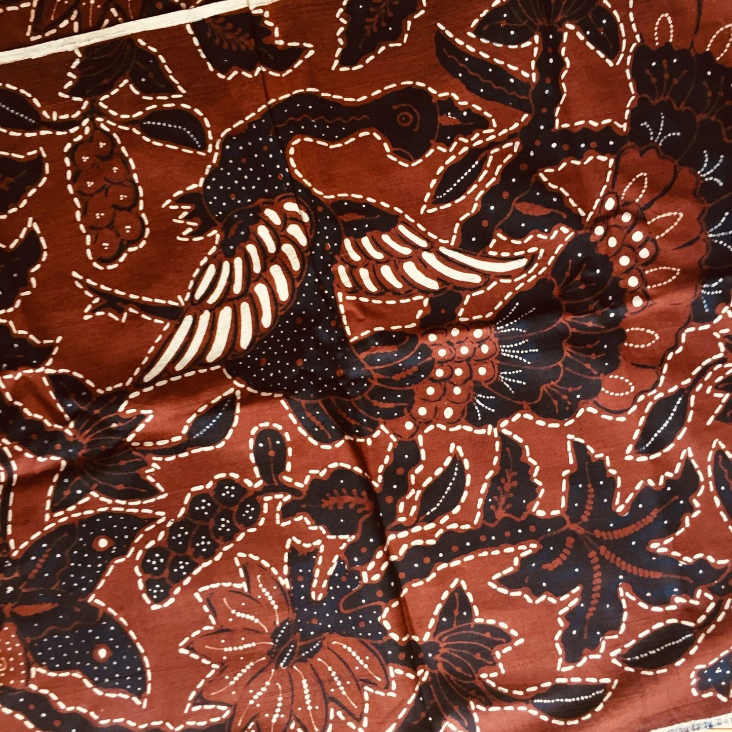 Vintage Sogan (Brown) Hand Drawn Batik with Peacock and Floral Motif Shawl