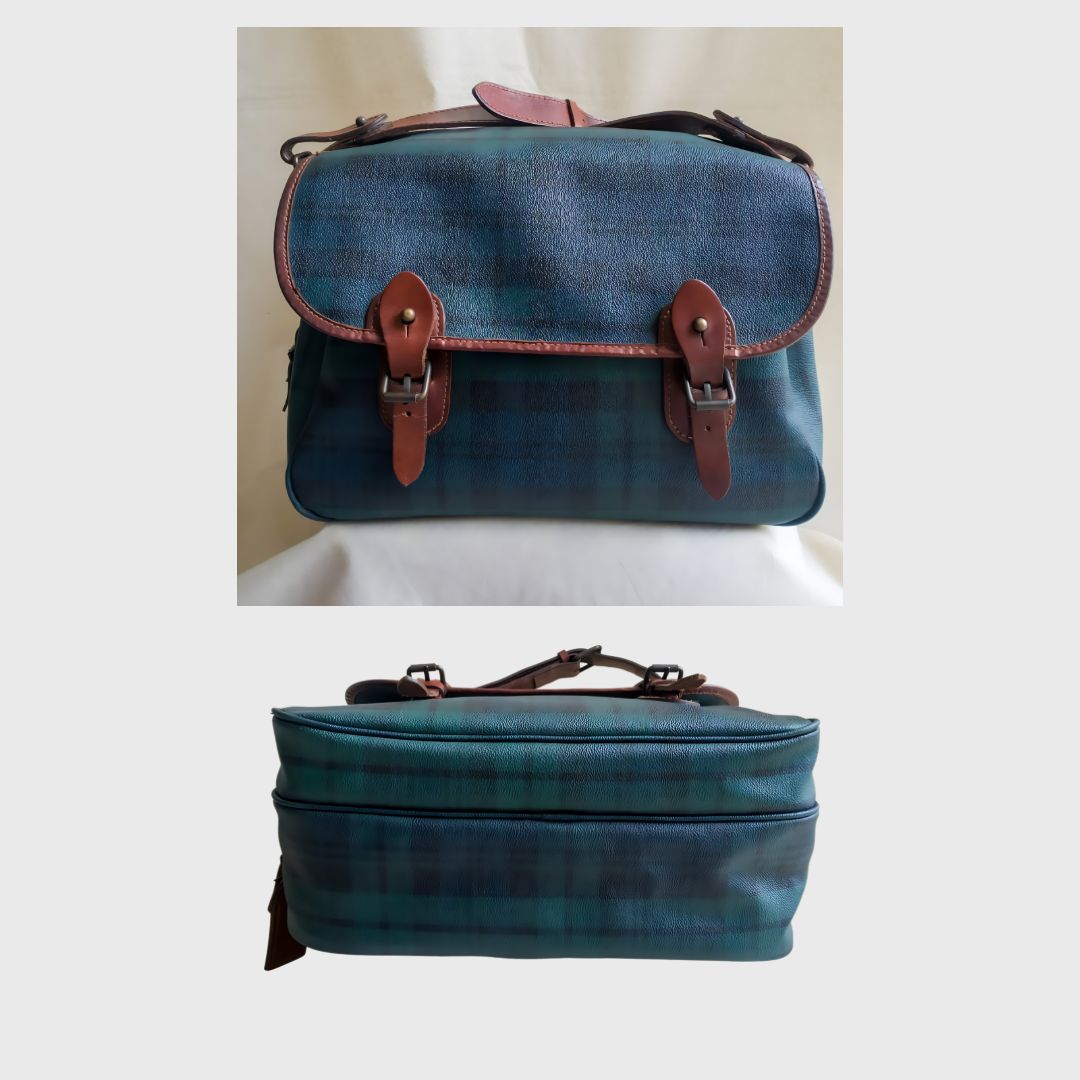 Vintage Plaid Pattern Navy Blue Leather Messenger Bag