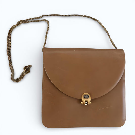 C H R I S T I A N D I O R Vintage CD Logo Chain Leather Flap Shoulder Bag Camel