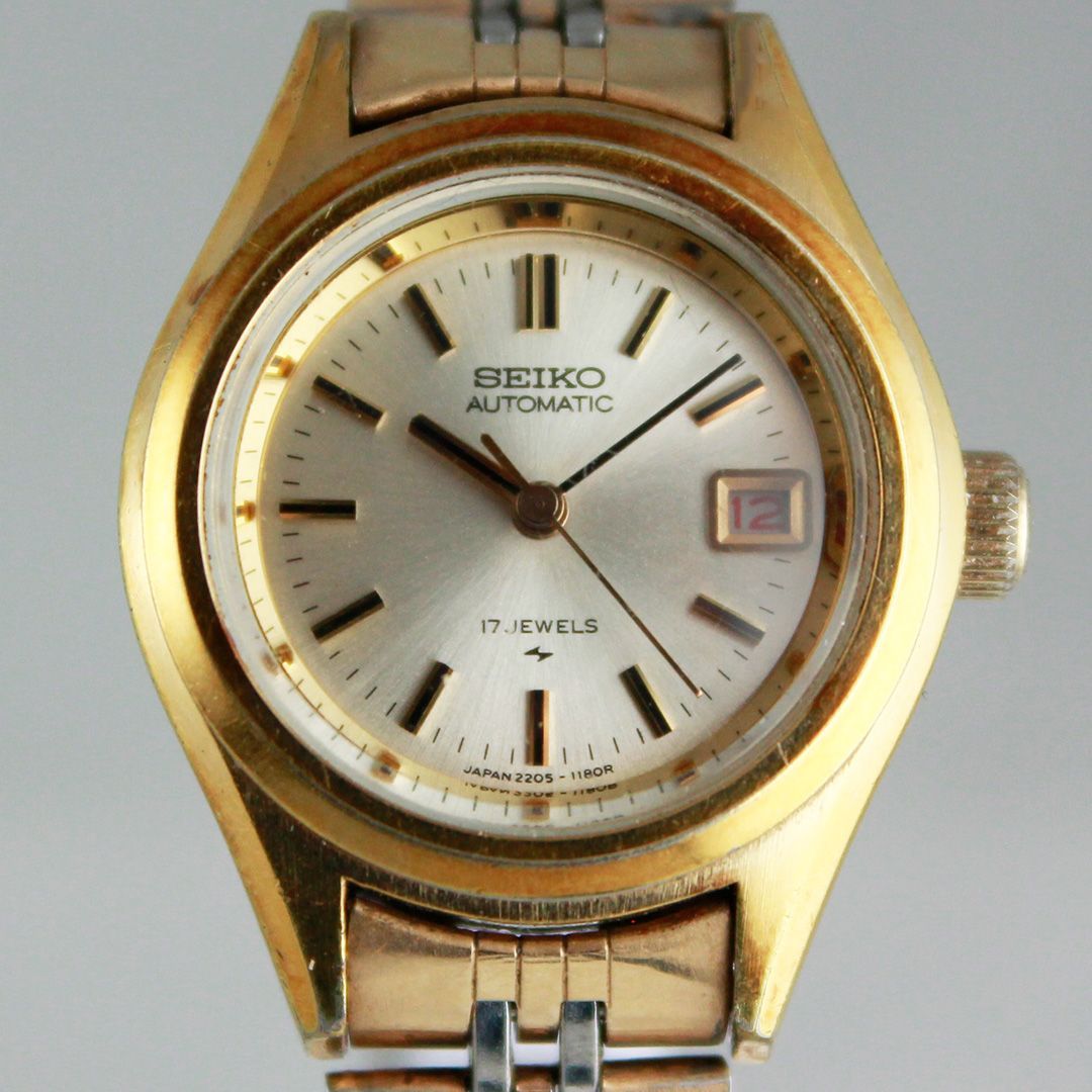 S E I K O 2205-0691 Vintage Ladies Automatic Watch Gold-Tone Bezel 17J