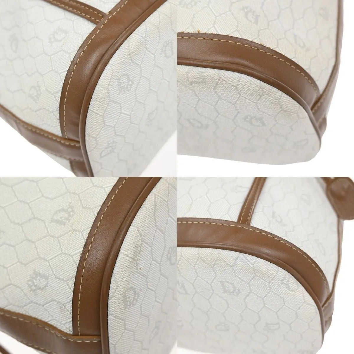 C H R I S T I A N D I O R Vintage Honeycomb Monogram Canvas Drawstring Bucket Bag White Brown