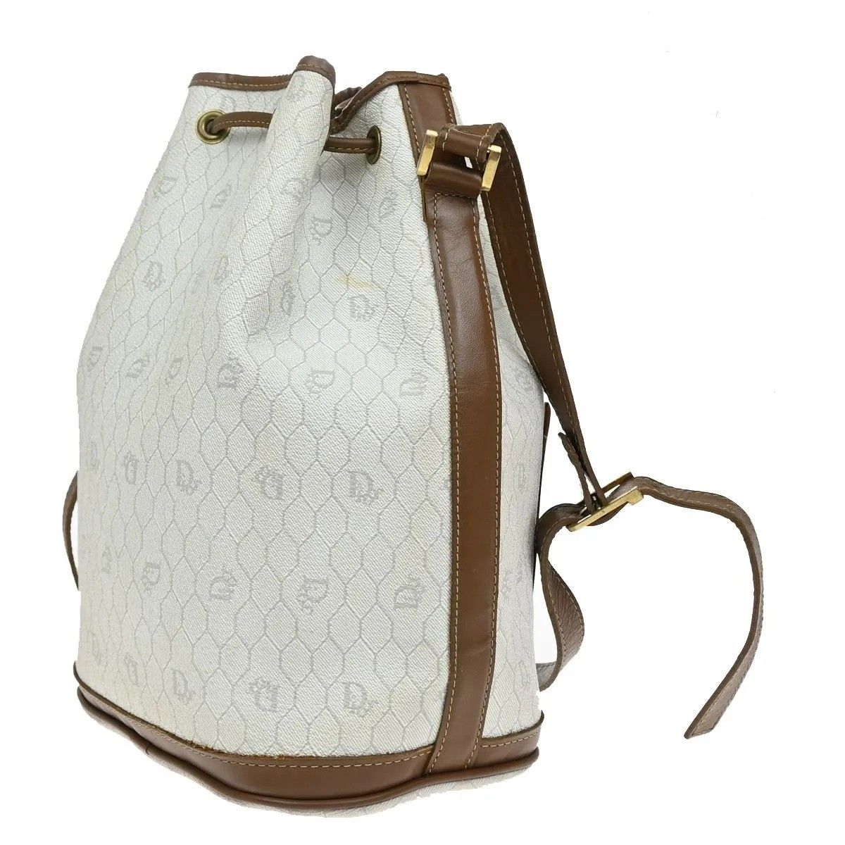 C H R I S T I A N D I O R Vintage Honeycomb Monogram Canvas Drawstring Bucket Bag White Brown