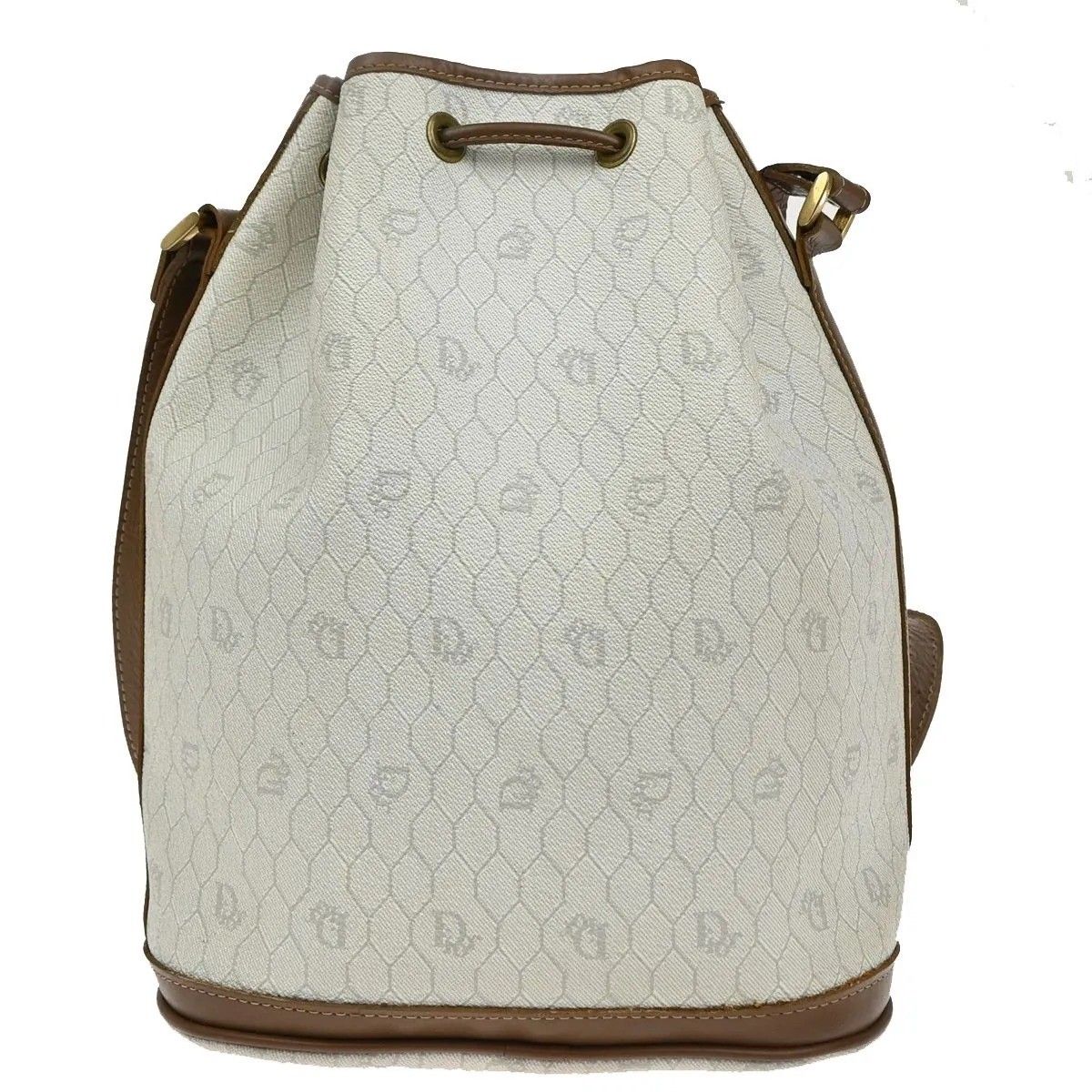 C H R I S T I A N D I O R Vintage Honeycomb Monogram Canvas Drawstring Bucket Bag White Brown
