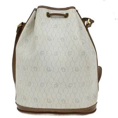 C H R I S T I A N D I O R Vintage Honeycomb Monogram Canvas Drawstring Bucket Bag White Brown