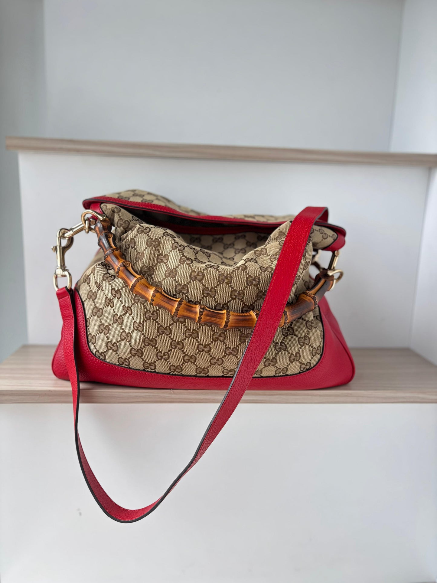 Authentic Gucci Vintage Bamboo GG Canvas Hobo Bag - Red Leather Trim & Shoulder Strap