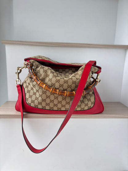 Authentic Gucci Vintage Bamboo GG Canvas Hobo Bag - Red Leather Trim & Shoulder Strap