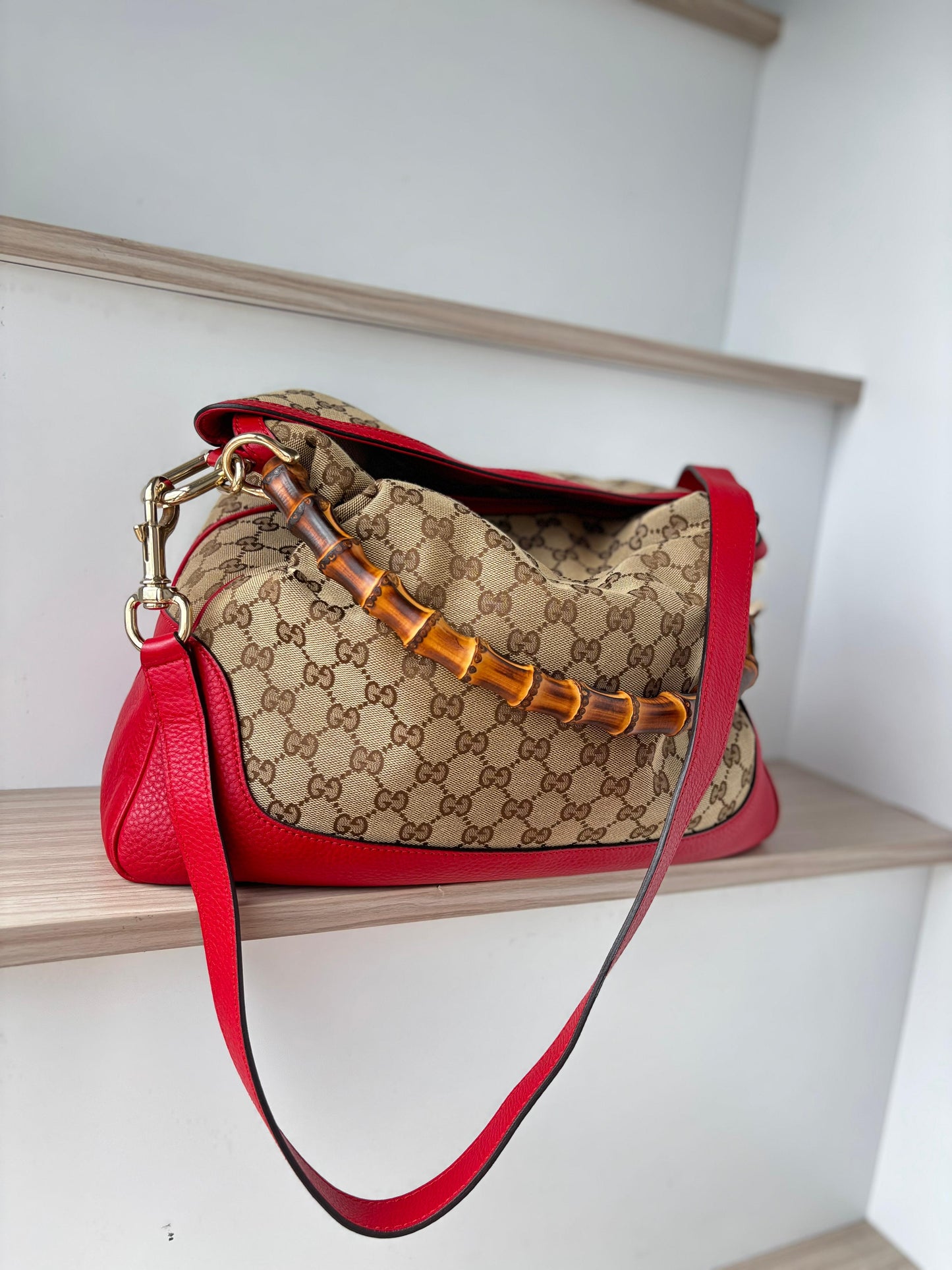 Authentic Gucci Vintage Bamboo GG Canvas Hobo Bag - Red Leather Trim & Shoulder Strap