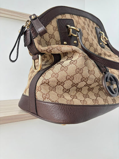 Authentic Gucci Brown/Beige GG Canvas and Leather Charm Dome Satchel