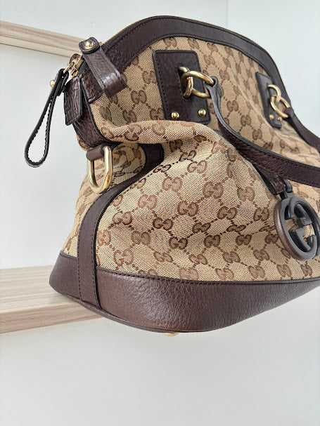 Authentic Gucci Brown/Beige GG Canvas and Leather Charm Dome Satchel