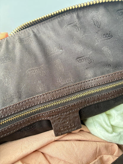 Authentic Gucci Brown/Beige GG Canvas and Leather Charm Dome Satchel