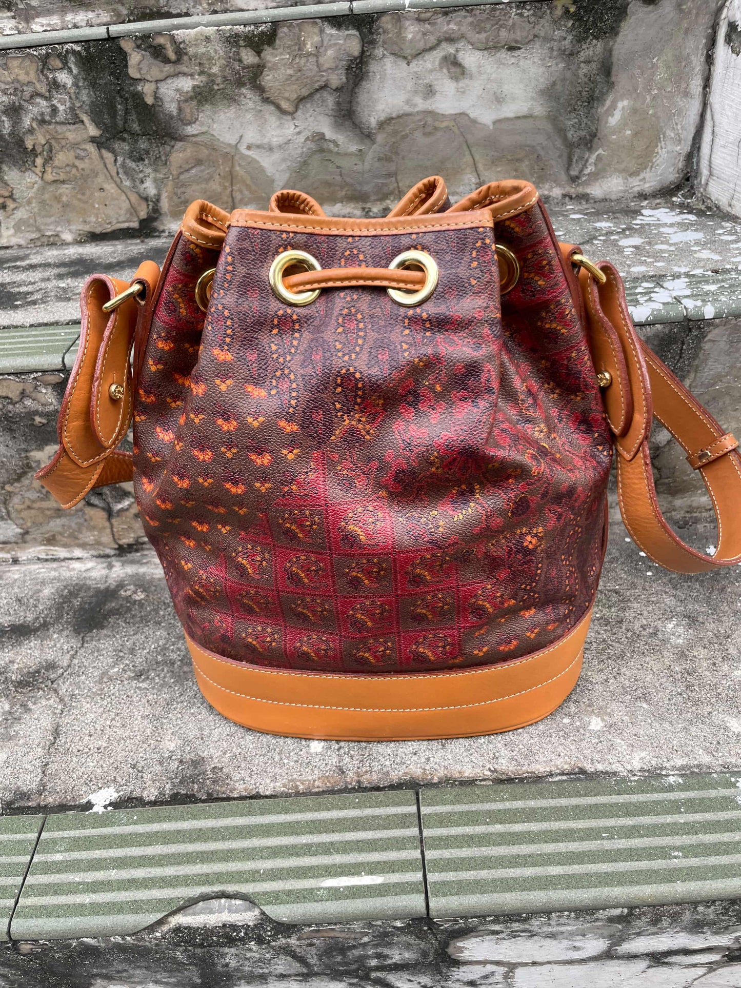 Vintage Escada Paisley Print Leather Bucket Bag