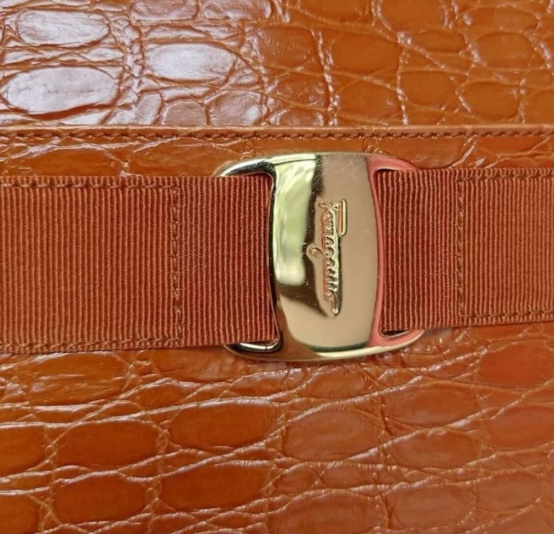 Vintage Salvatore Ferragamo Vara Bow Croc-Embossed Leather Camera Bag