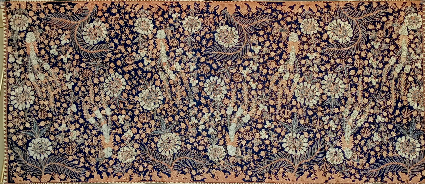 Antique Batik Tulis Pekalongan "Galaran Merak" – Blue Ground Floral Garden Motif – Hand-Drawn Indonesian Heritage Textile