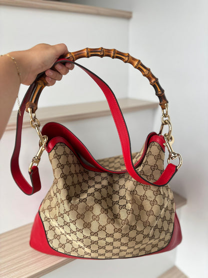 Authentic Gucci Vintage Bamboo GG Canvas Hobo Bag - Red Leather Trim & Shoulder Strap