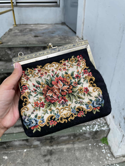 Exquisite Vintage Floral Tapestry Frame Bag with Gold Snake Chain