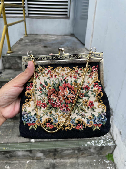 Exquisite Vintage Floral Tapestry Frame Bag with Gold Snake Chain