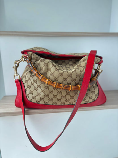 Authentic Gucci Vintage Bamboo GG Canvas Hobo Bag - Red Leather Trim & Shoulder Strap
