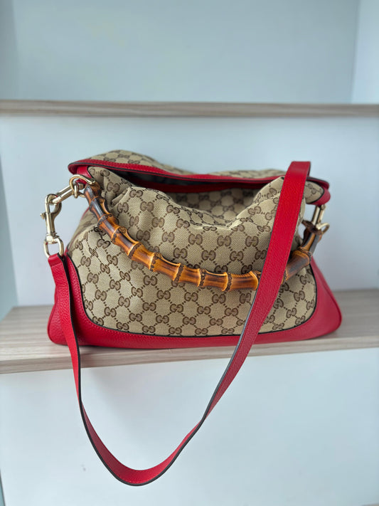 Authentic Gucci Vintage Bamboo GG Canvas Hobo Bag - Red Leather Trim & Shoulder Strap