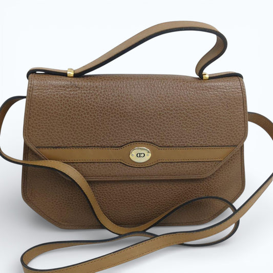 C H R I S T I A N D I O R Vintage Leather Flap Shoulder Bag Brown France
