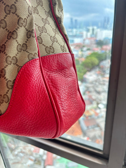 Authentic Gucci Vintage Bamboo GG Canvas Hobo Bag - Red Leather Trim & Shoulder Strap