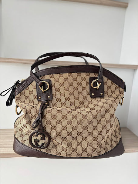 Authentic Gucci Brown/Beige GG Canvas and Leather Charm Dome Satchel