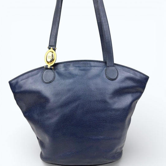 C H R I S T I A N D I O R Vintage All Leather Tote Bag Navy Gold Logo Hardware