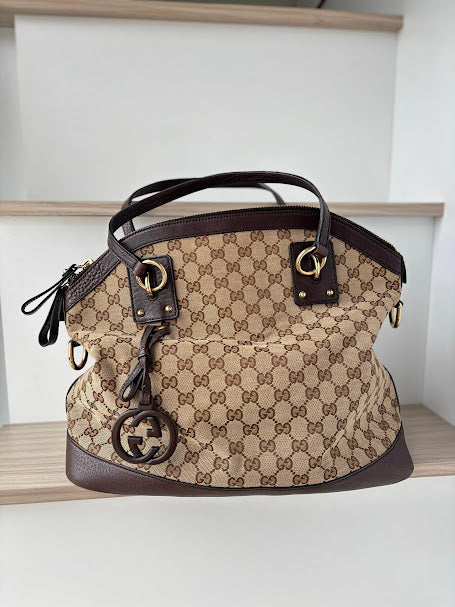 Authentic Gucci Brown/Beige GG Canvas and Leather Charm Dome Satchel
