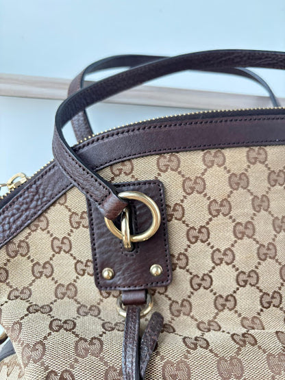 Authentic Gucci Brown/Beige GG Canvas and Leather Charm Dome Satchel