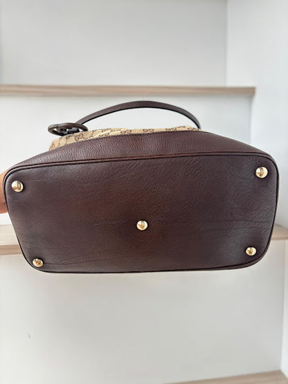 Authentic Gucci Brown/Beige GG Canvas and Leather Charm Dome Satchel