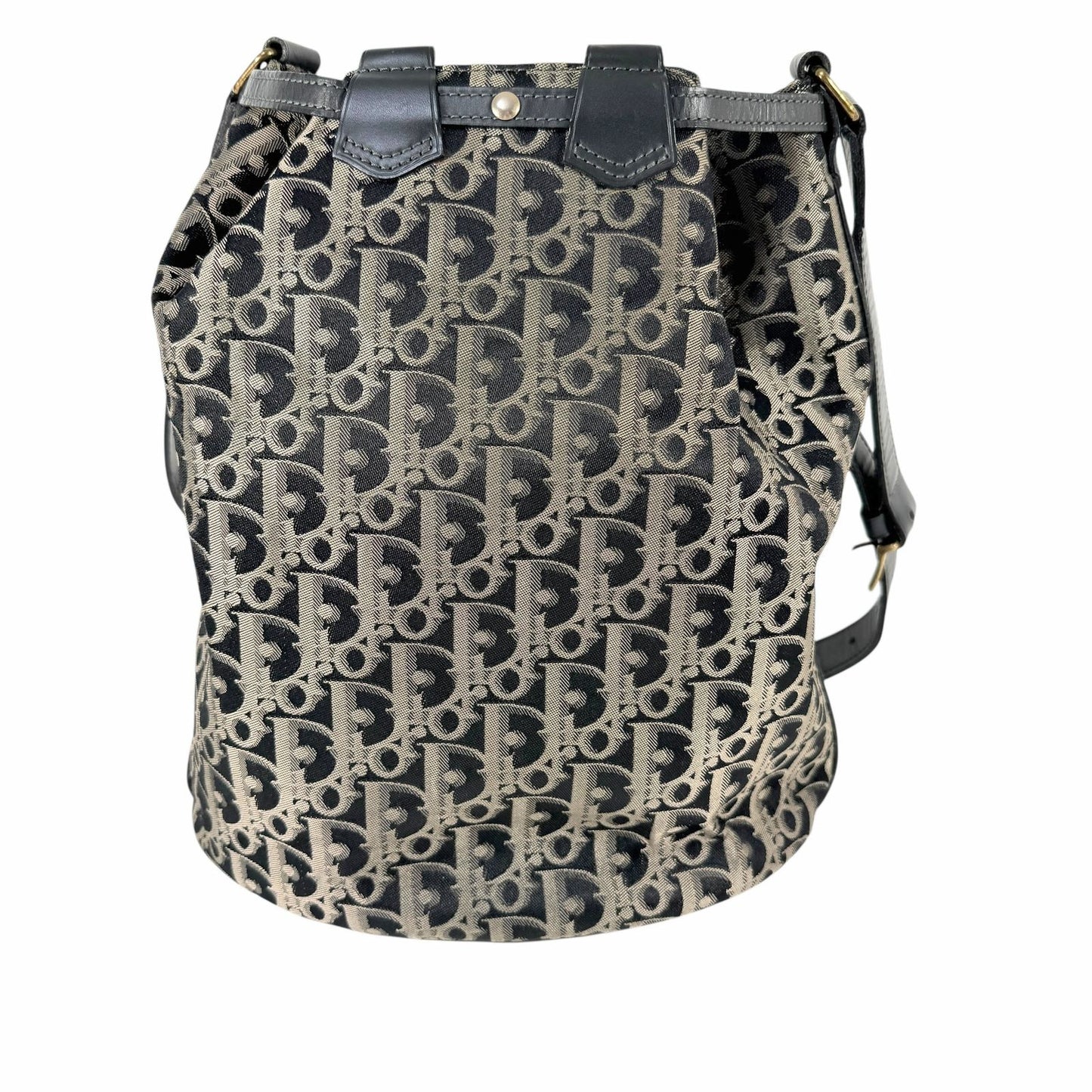 C H R I S T I A N D I O R Vintage Trotter Monogram Canvas Drawstring Bucket Bag Navy