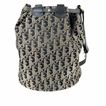 C H R I S T I A N D I O R Vintage Trotter Monogram Canvas Drawstring Bucket Bag Navy