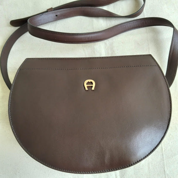 Vintage Etienne Aigner Dark Brown Leather Half-Moon Crossbody Bag