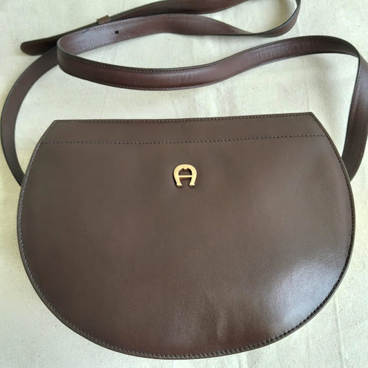 Vintage Etienne Aigner Dark Brown Leather Half-Moon Crossbody Bag