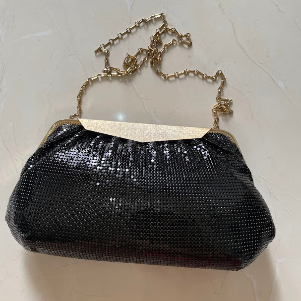 Vintage Whiting & Davis Black Mesh Evening Clutch with Gold Frame