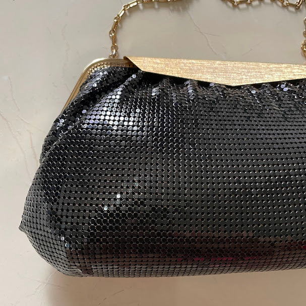 Vintage Whiting & Davis Black Mesh Evening Clutch with Gold Frame