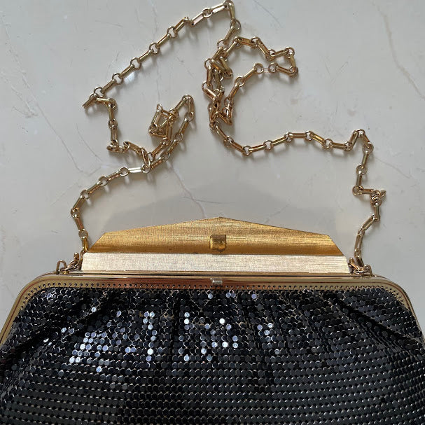Vintage Whiting & Davis Black Mesh Evening Clutch with Gold Frame