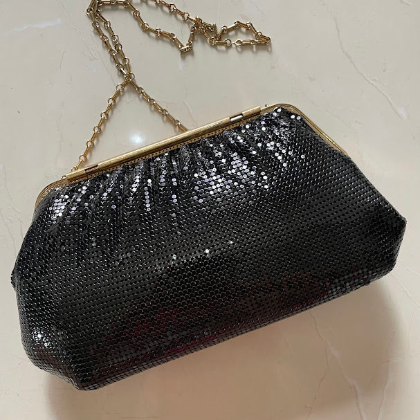Vintage Whiting & Davis Black Mesh Evening Clutch with Gold Frame