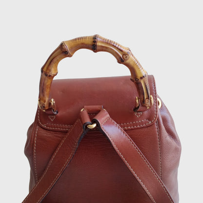 1990s Bamboo Single Pocket Brown Leather Backpack