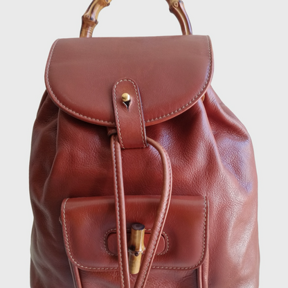 1990s Bamboo Single Pocket Brown Leather Backpack