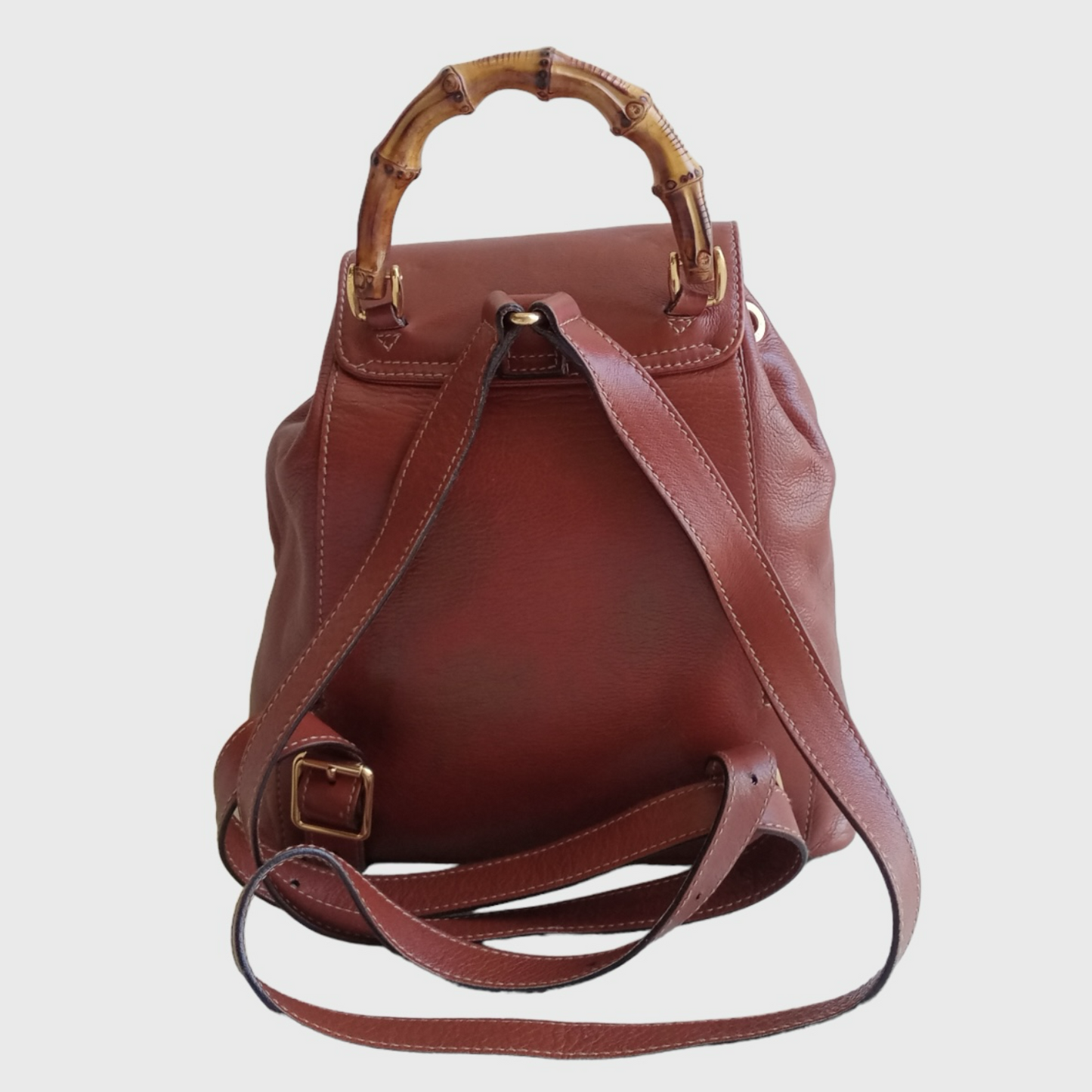 1990s Bamboo Single Pocket Brown Leather Backpack