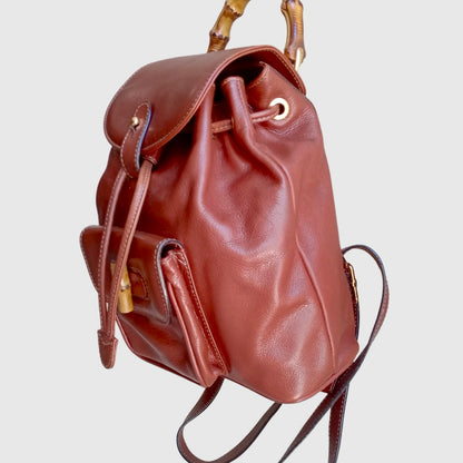 1990s Bamboo Single Pocket Brown Leather Backpack