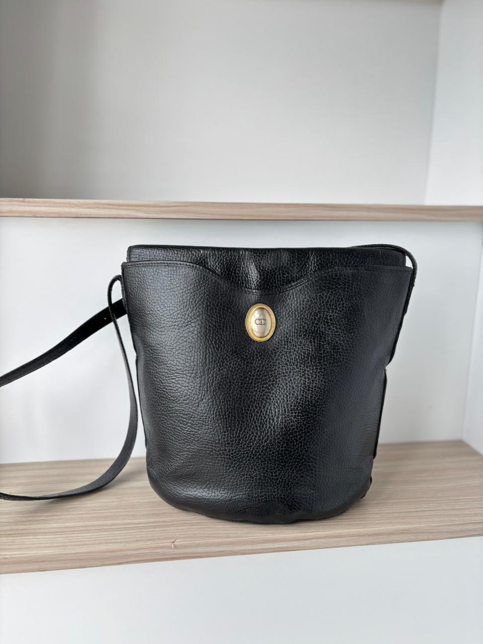 Authentic 1980s Christian Dior Black Pebbled Leather Bucket Bag