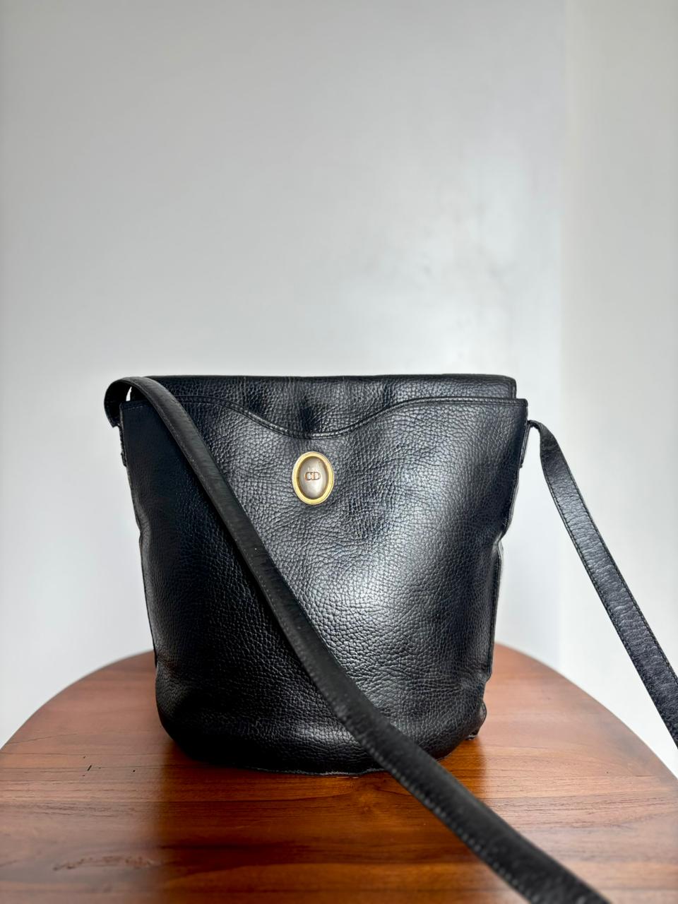Authentic 1980s Christian Dior Black Pebbled Leather Bucket Bag