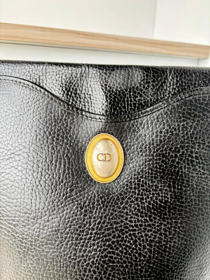 Authentic 1980s Christian Dior Black Pebbled Leather Bucket Bag