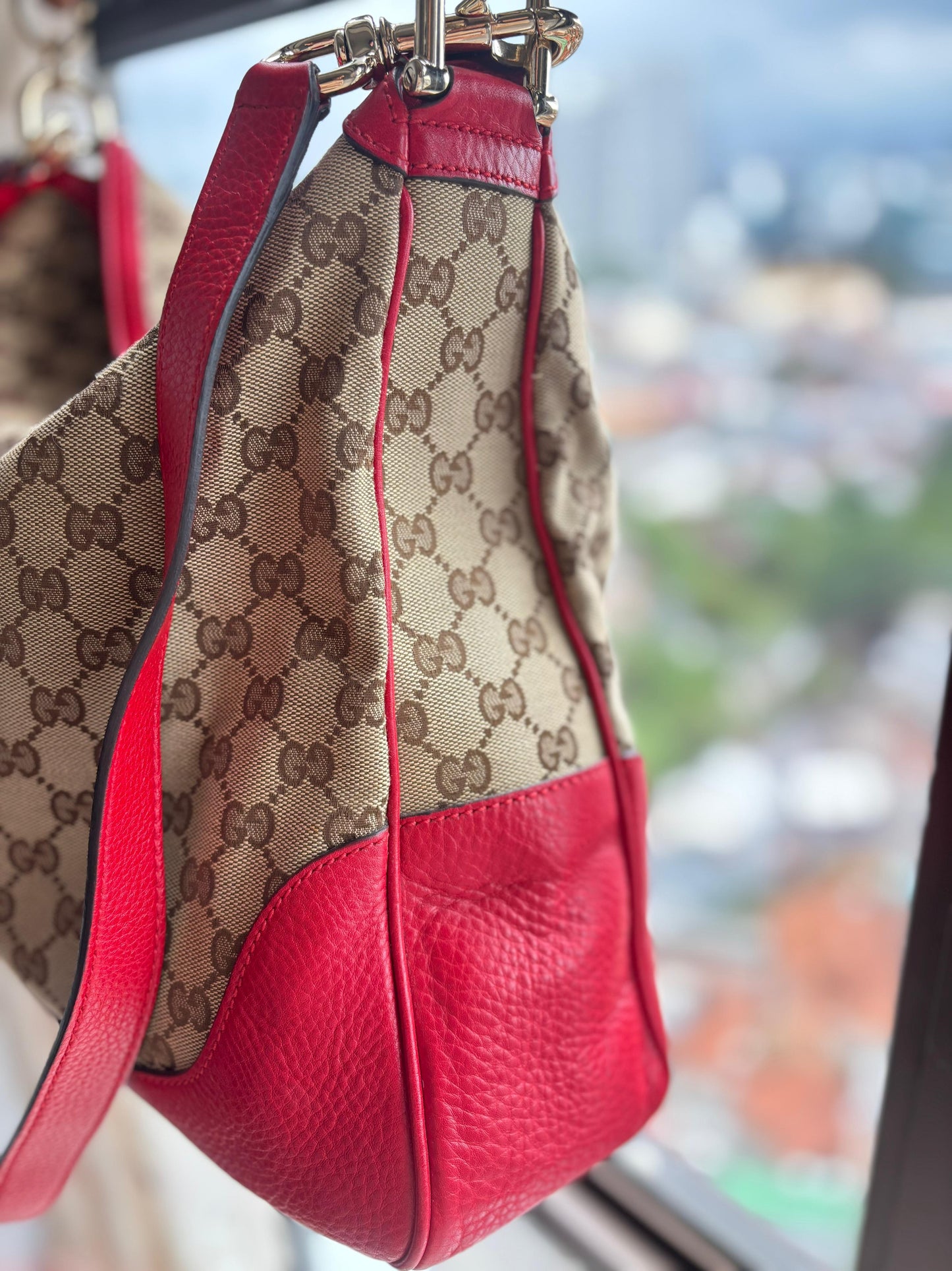 Authentic Gucci Vintage Bamboo GG Canvas Hobo Bag - Red Leather Trim & Shoulder Strap