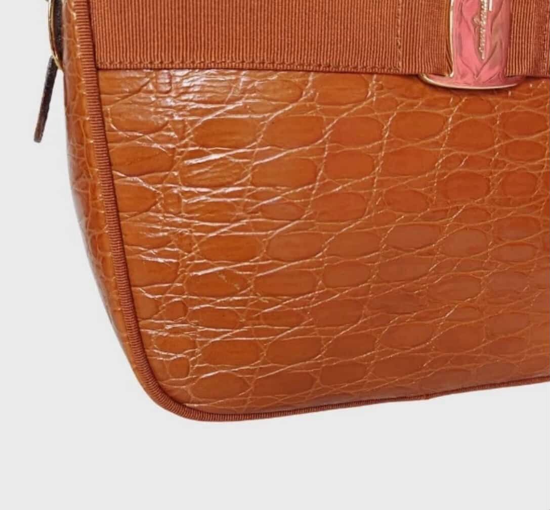 Vintage Salvatore Ferragamo Vara Bow Croc-Embossed Leather Camera Bag