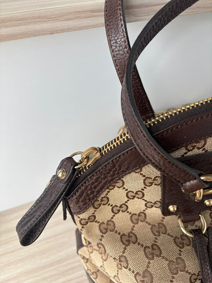 Authentic Gucci Brown/Beige GG Canvas and Leather Charm Dome Satchel