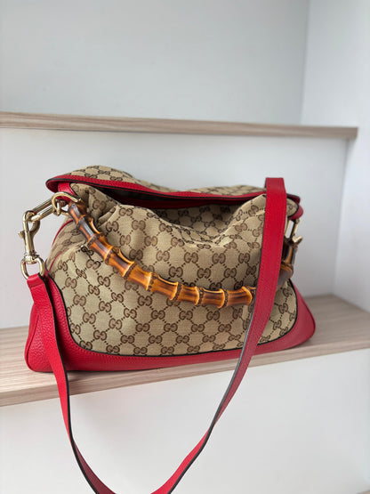 Authentic Gucci Vintage Bamboo GG Canvas Hobo Bag - Red Leather Trim & Shoulder Strap