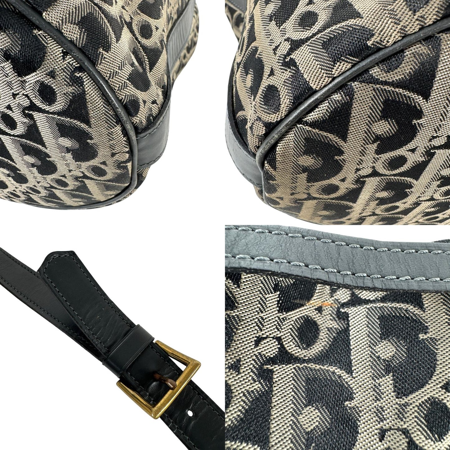C H R I S T I A N D I O R Vintage Trotter Monogram Canvas Drawstring Bucket Bag Navy